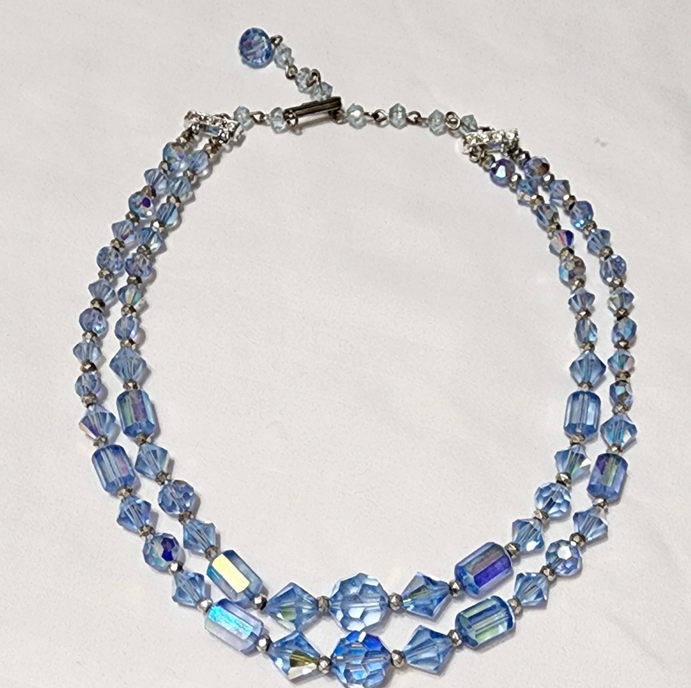 Vintage Blue Ice Aurora Borealis Glass Double Strand Choker Necklace 14"
